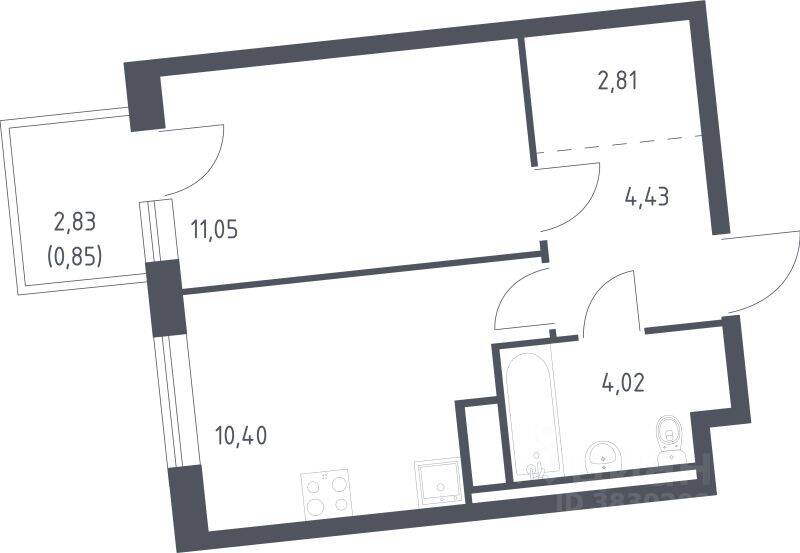 Планировка 1 комнатной квартиры, 33.56 м², в «Квартал Лаголово»