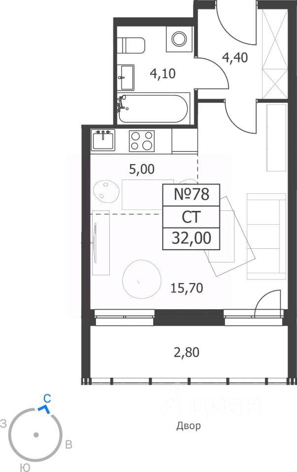 Квартира-студия, 32 м², в ЖК на улице Новая (Октябрьский)