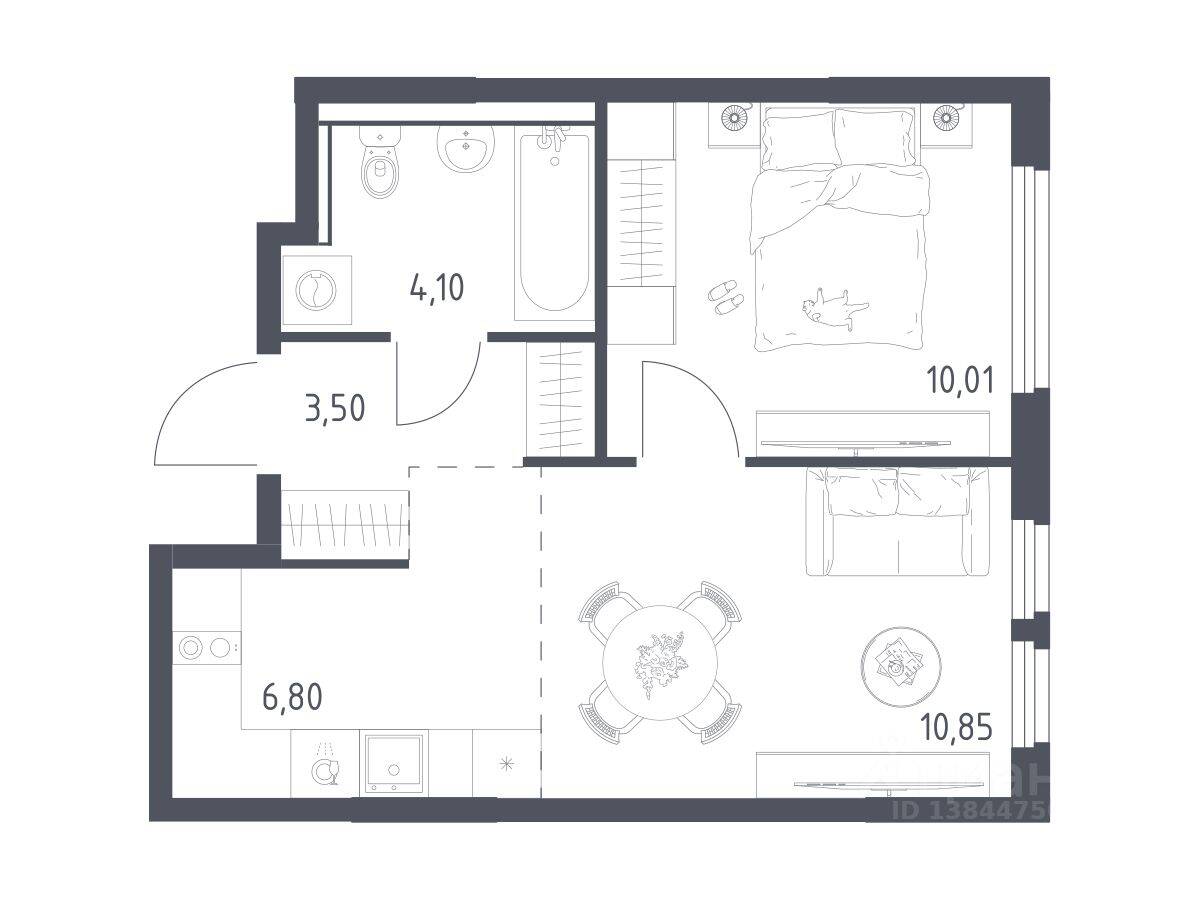 1-комн. квартира, 35,26 м², в ЖК «Пригород Лесное»