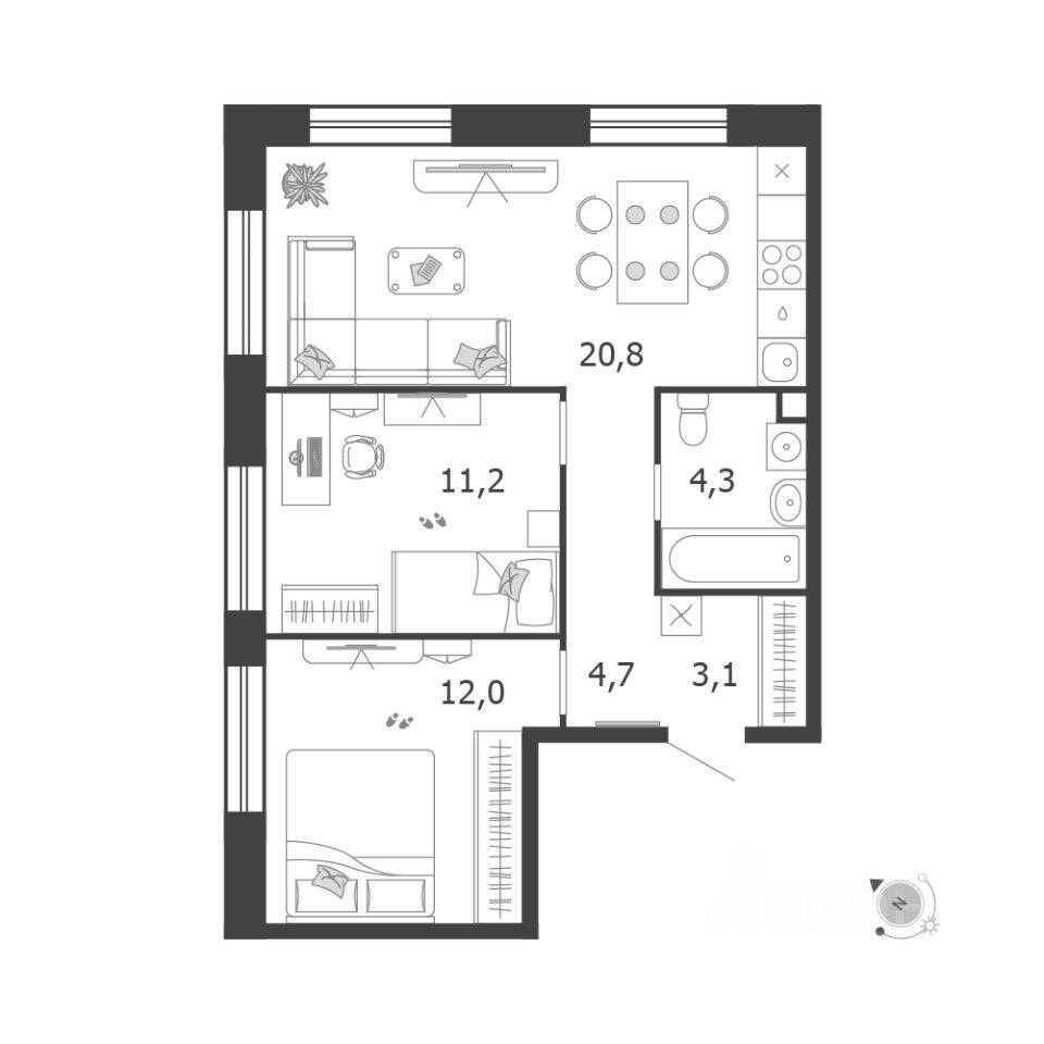 2-комн. квартира, 56,1 м², в ЖК Жилой квартал Shagal