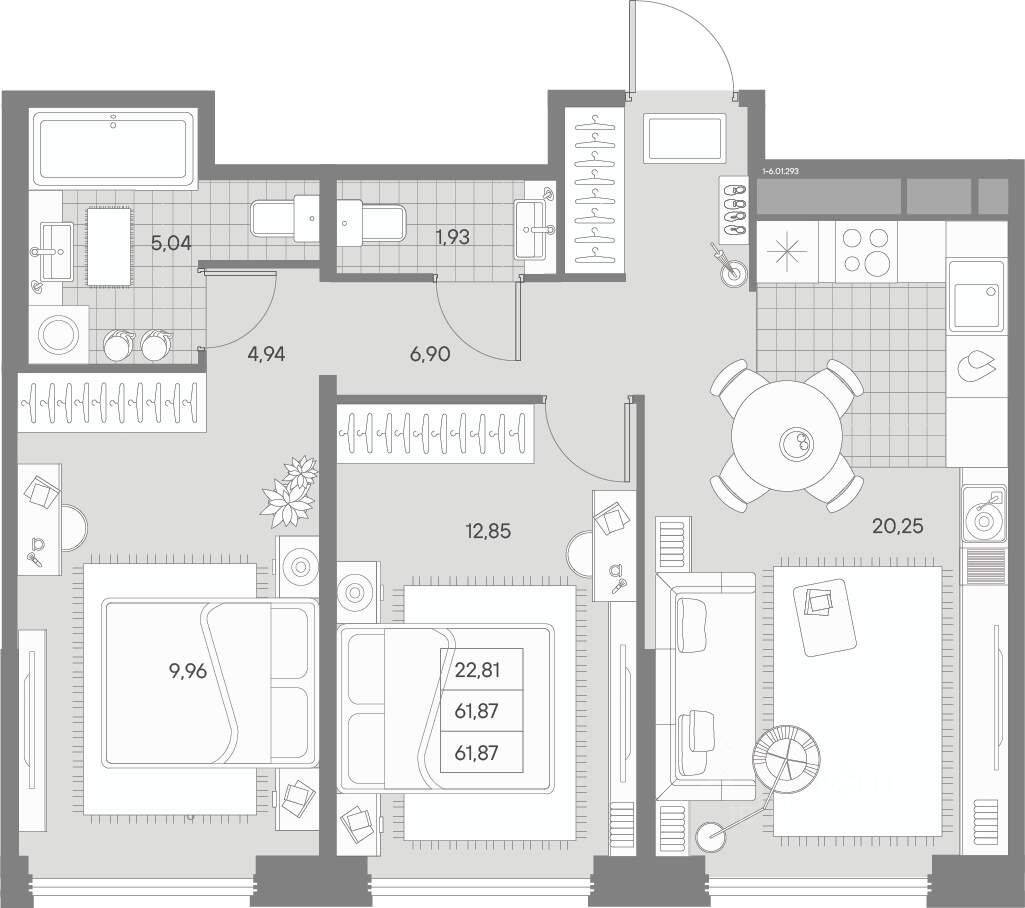 2-комн. квартира, 61,87 м², в МФК AVANT