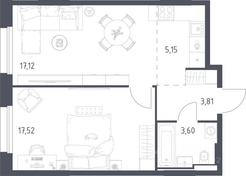 1-комн. квартира, 47,2 м², в ЖК Заречье Парк