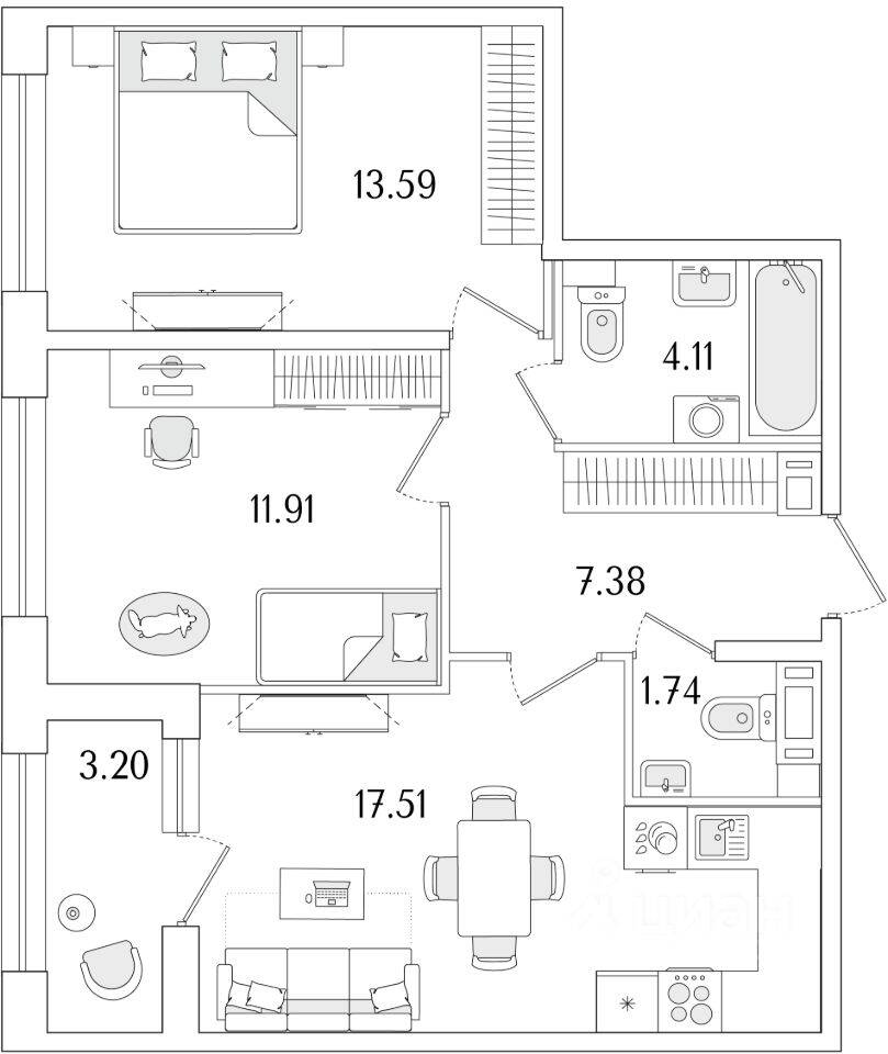 2-комн. квартира, 57,84 м², в ЖК «Аурум»