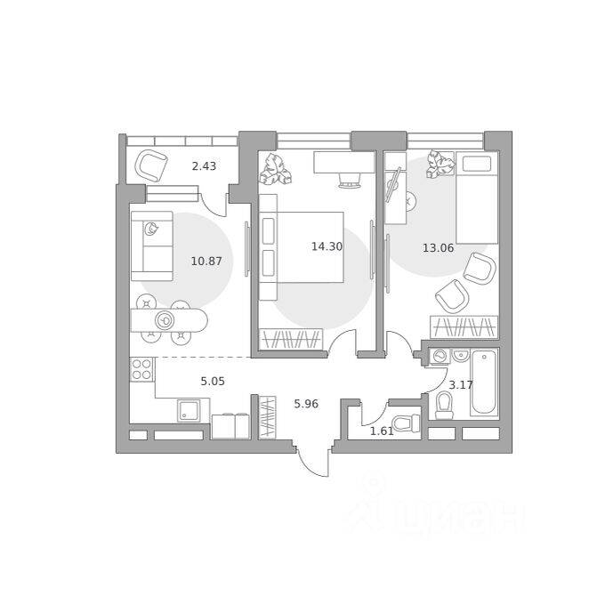 3-комн. квартира, 56,45 м², в ЖК Ильинойс