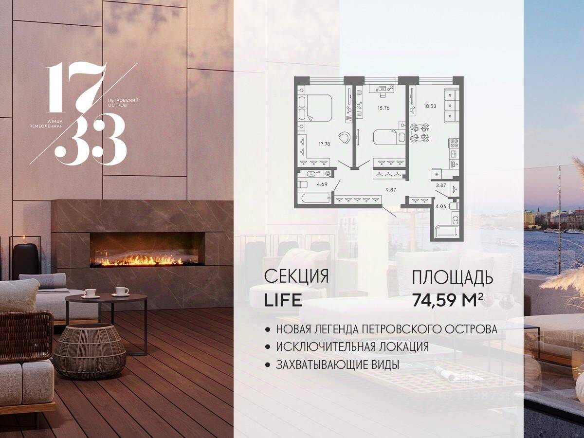 2-комн. квартира, 74,59 м², в Апарт-комплекс 17/33 Петровский остров