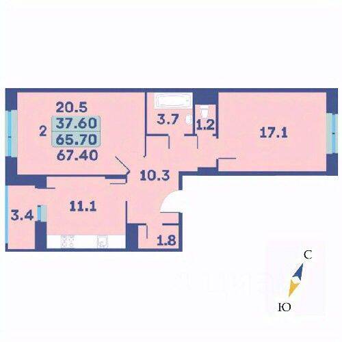 2-комн. квартира, 67,4 м², в ЖК «Эдельвейс» (ЦентрСтрой)