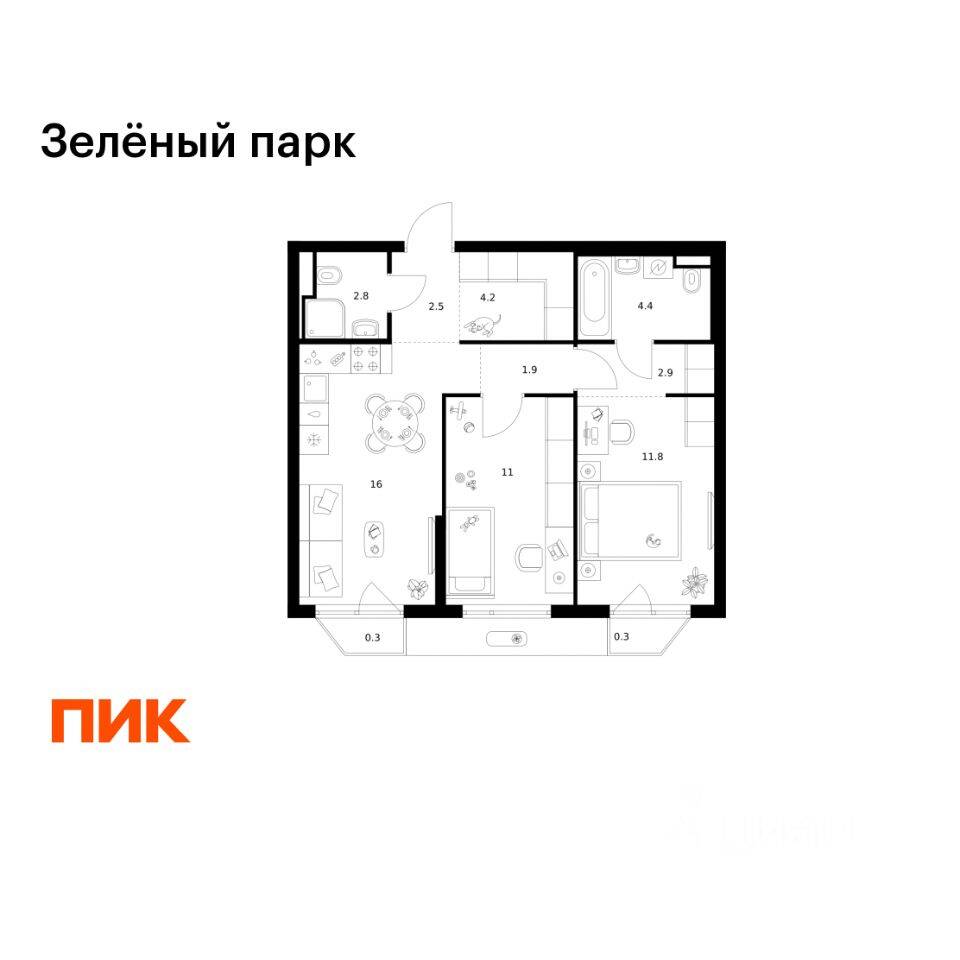 2-комн. квартира, 58,1 м², в ЖК Зеленый парк