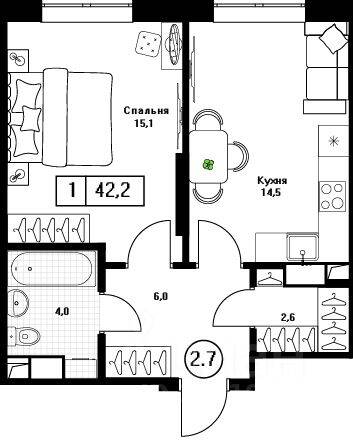 1-комн. квартира, 42,2 м², в ЖК Пушкино Град