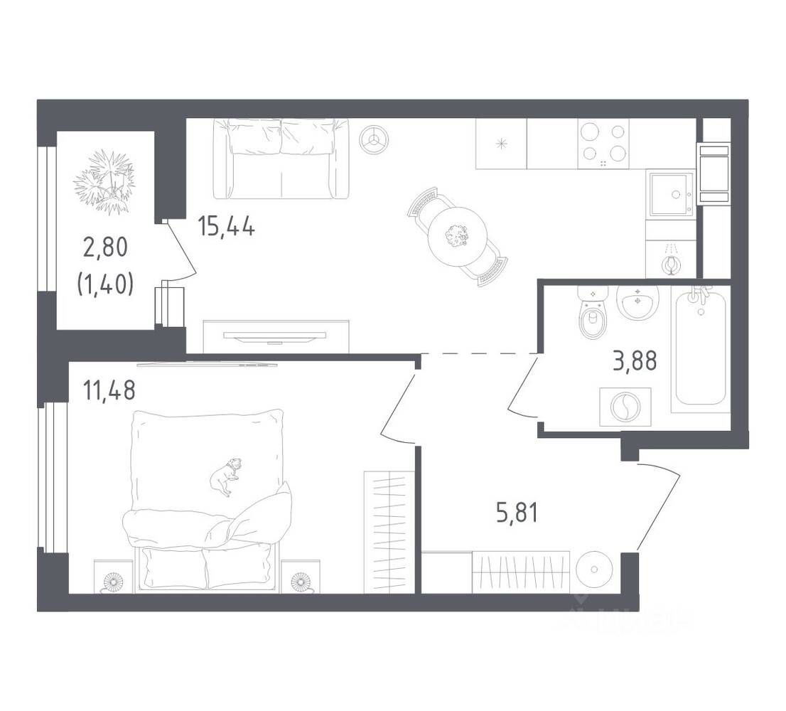 1-комн. квартира, 38,01 м², в ЖК Южная Нева