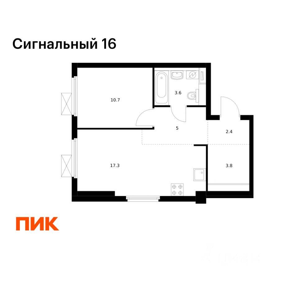 Планировка 1 комнатной квартиры, 42.8 м², в «Сигнальный 16»