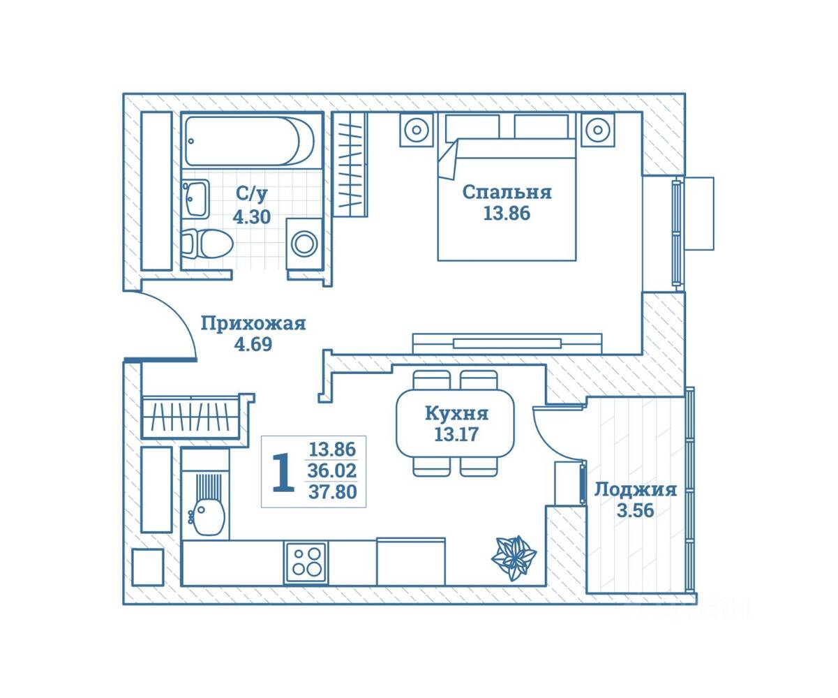 1-комн. квартира, 37,8 м², в ЖК Новоград Монино