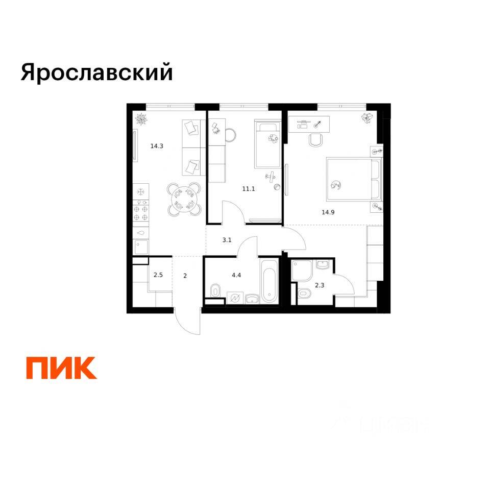 2-комн. квартира, 62 м², в ЖК «Ярославский»