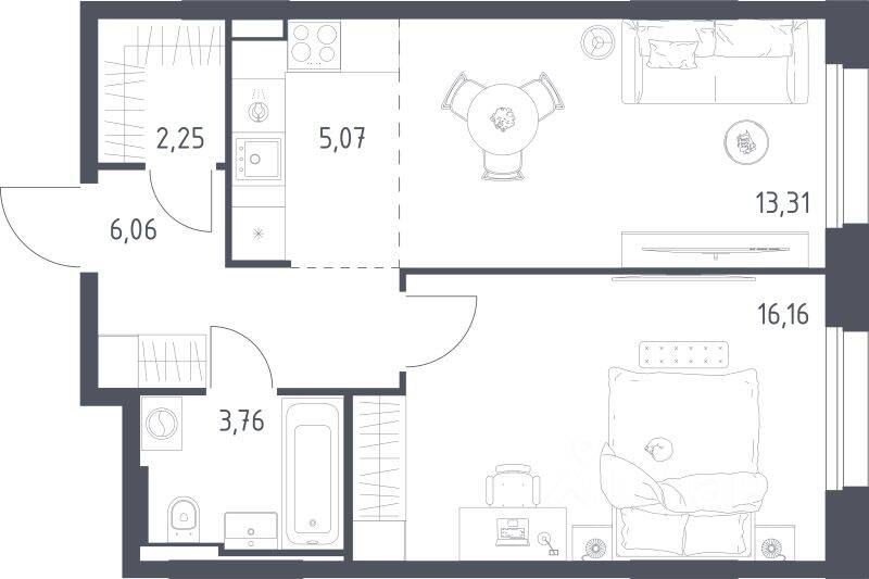 1-комн. квартира, 46,61 м², в ЖК Заречье Парк
