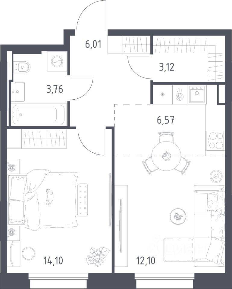 1-комн. квартира, 45,66 м², в ЖК Заречье Парк