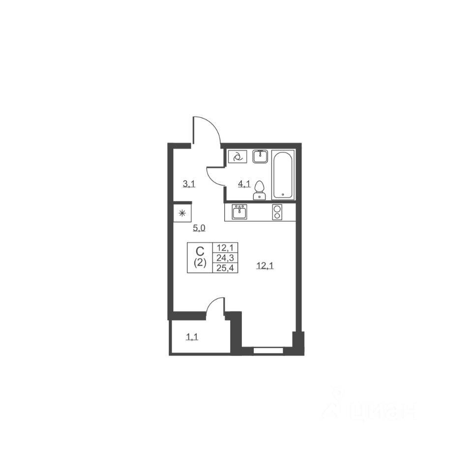 Квартира-студия, 25,4 м², в ЖК Ермак