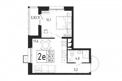 1-комн. квартира, 38,6 м², в ЖК «Берег»