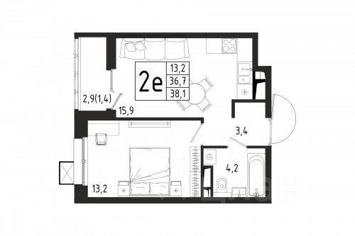 1-комн. квартира, 38,1 м², в ЖК «Берег»