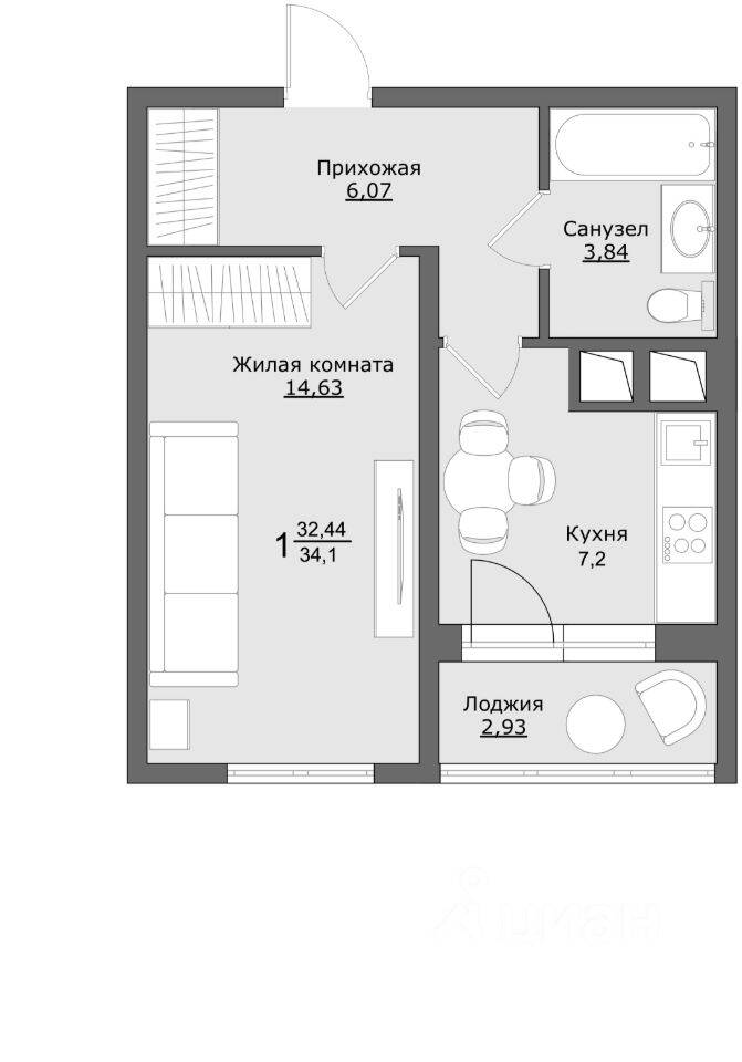 Планировка 1 комнатной квартиры, 33.9 м², в «Клевер»