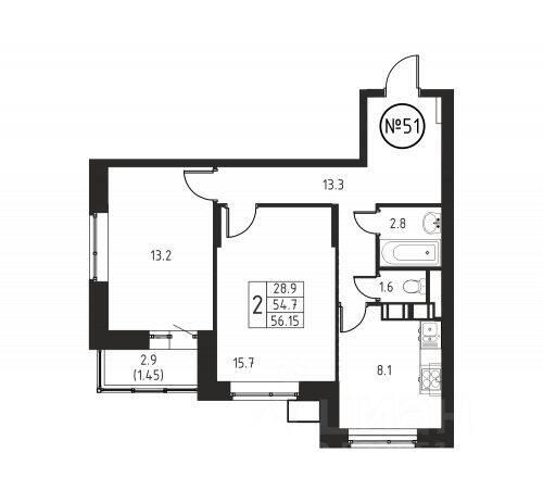 2-комн. квартира, 56,15 м², в ЖК Космос