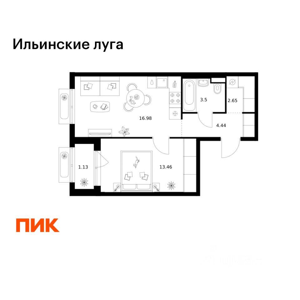 1-комн. квартира, 42,16 м², в ЖК «Ильинские луга»