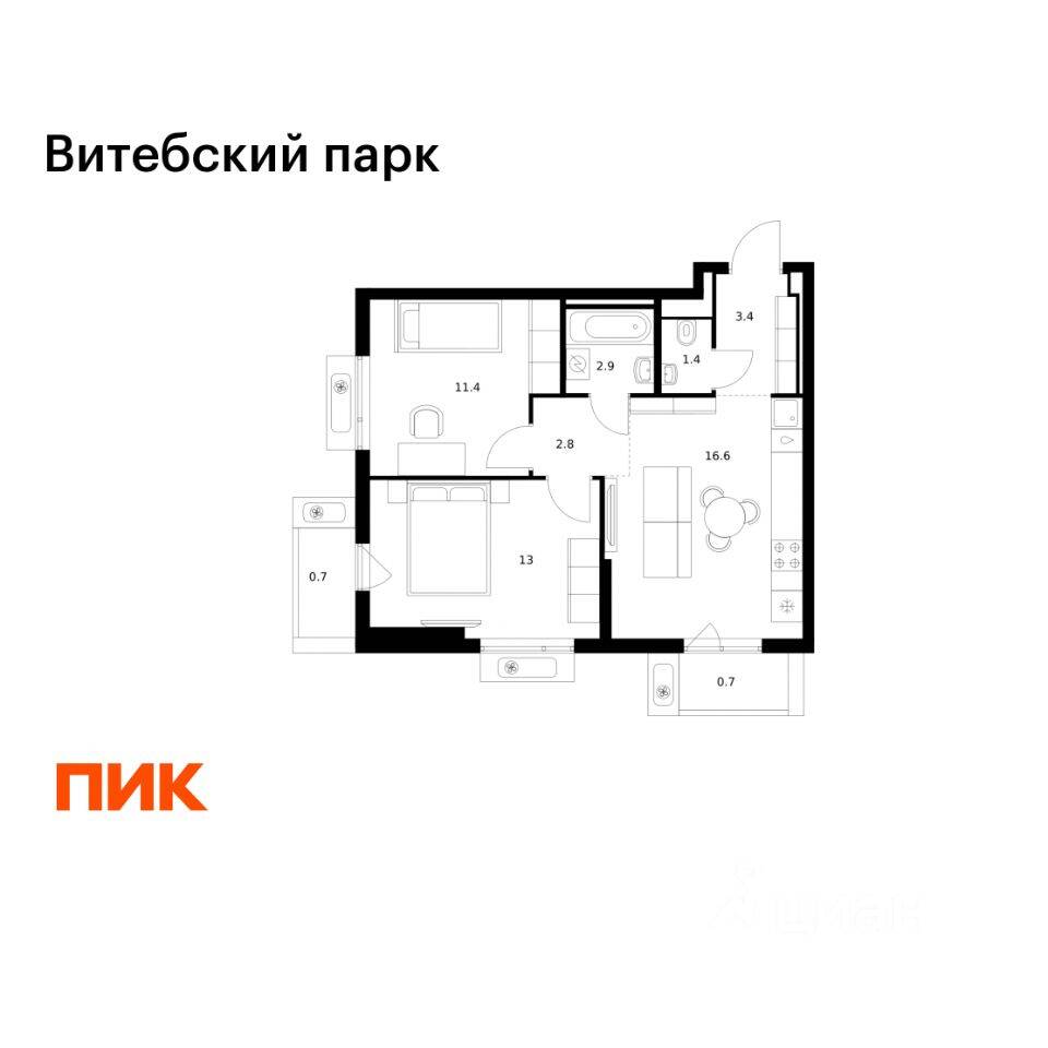 2-комн. квартира, 52,9 м², в ЖК Витебский парк