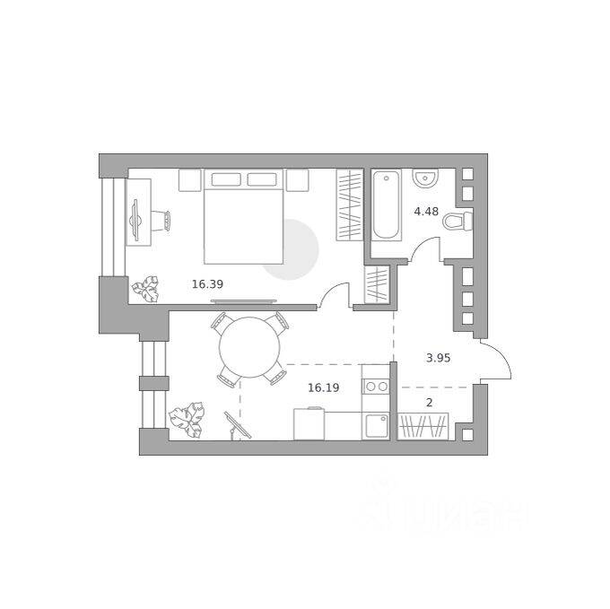 Планировка 1 комнатной квартиры, 43.01 м², в «Павелецкая от Гранель»