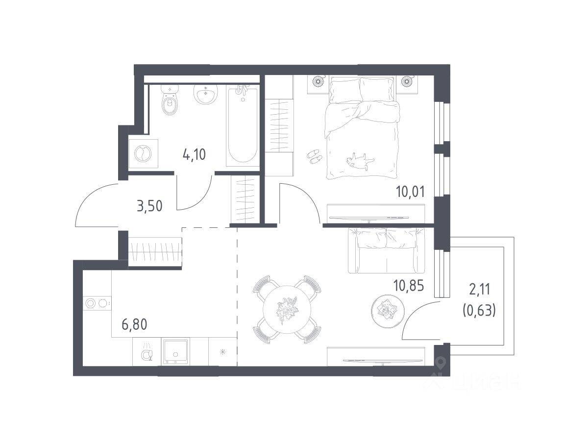 1-комн. квартира, 35,89 м², в ЖК «Пригород Лесное»