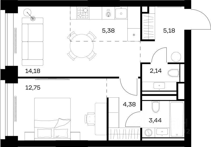 1-комн. квартира, 47,45 м², в ЖК Nova