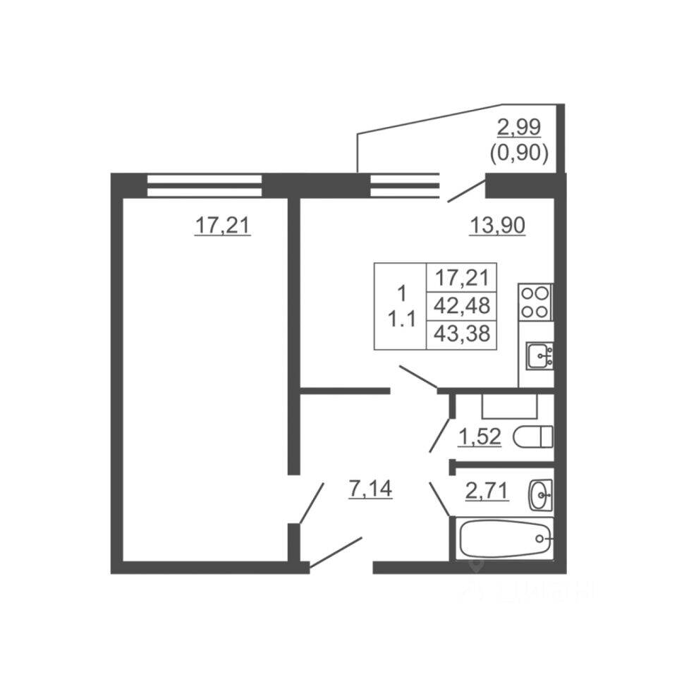 Планировка 1 комнатной квартиры, 42.4 м², в «Тандем»