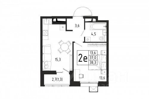 1-комн. квартира, 38,3 м², в ЖК «Берег»