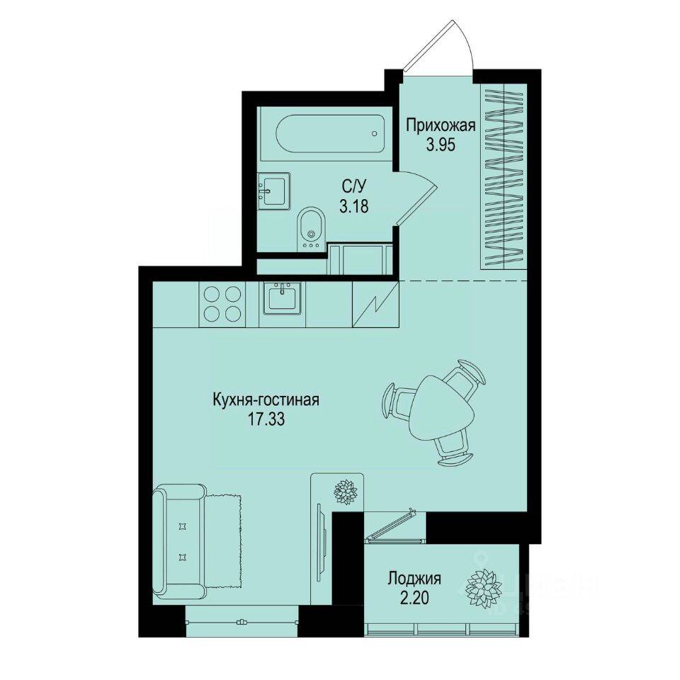 Квартира-студия, 25,56 м², в ЖК ID Kudrovo II