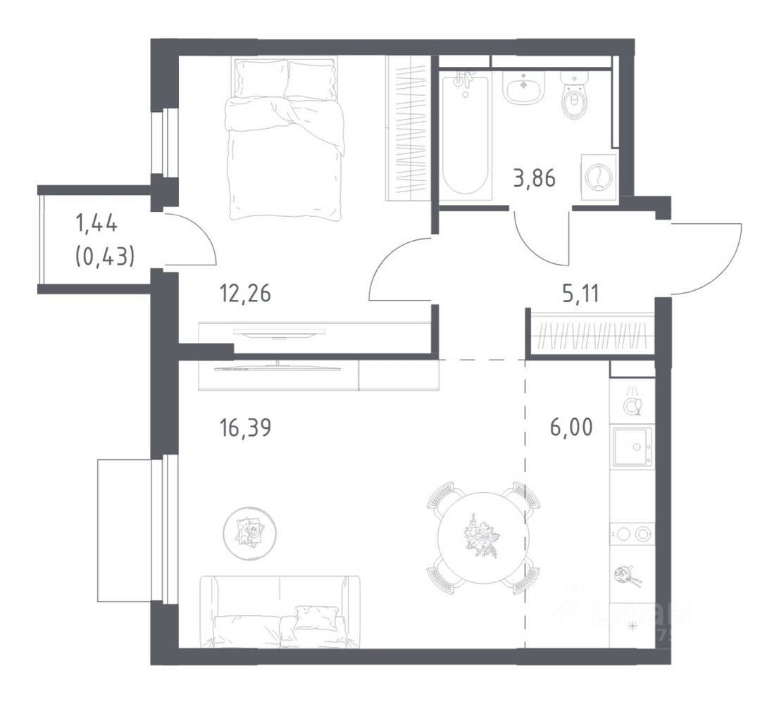1-комн. квартира, 44,05 м², в ЖК Мытищи Парк