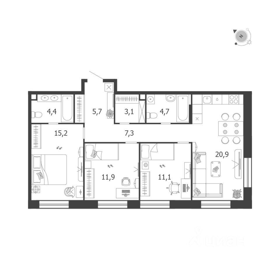 3-комн. квартира, 84,3 м², в ЖК Жилой квартал Shagal