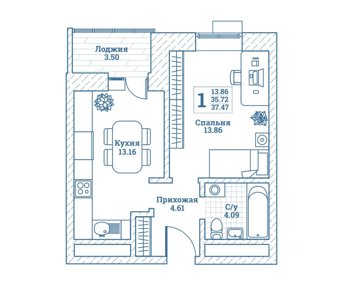 1-комн. квартира, 37,9 м², в ЖК Новоград Монино