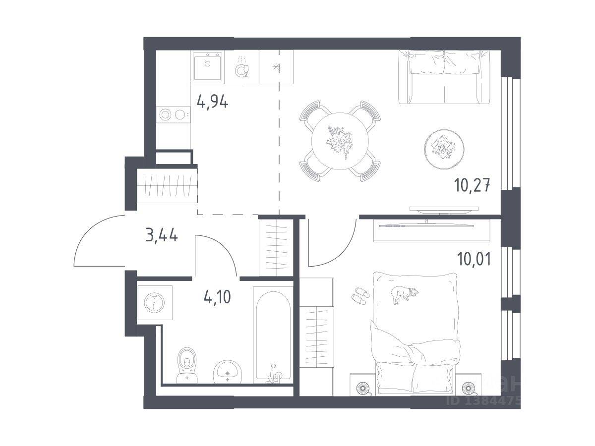 1-комн. квартира, 32,76 м², в ЖК «Пригород Лесное»