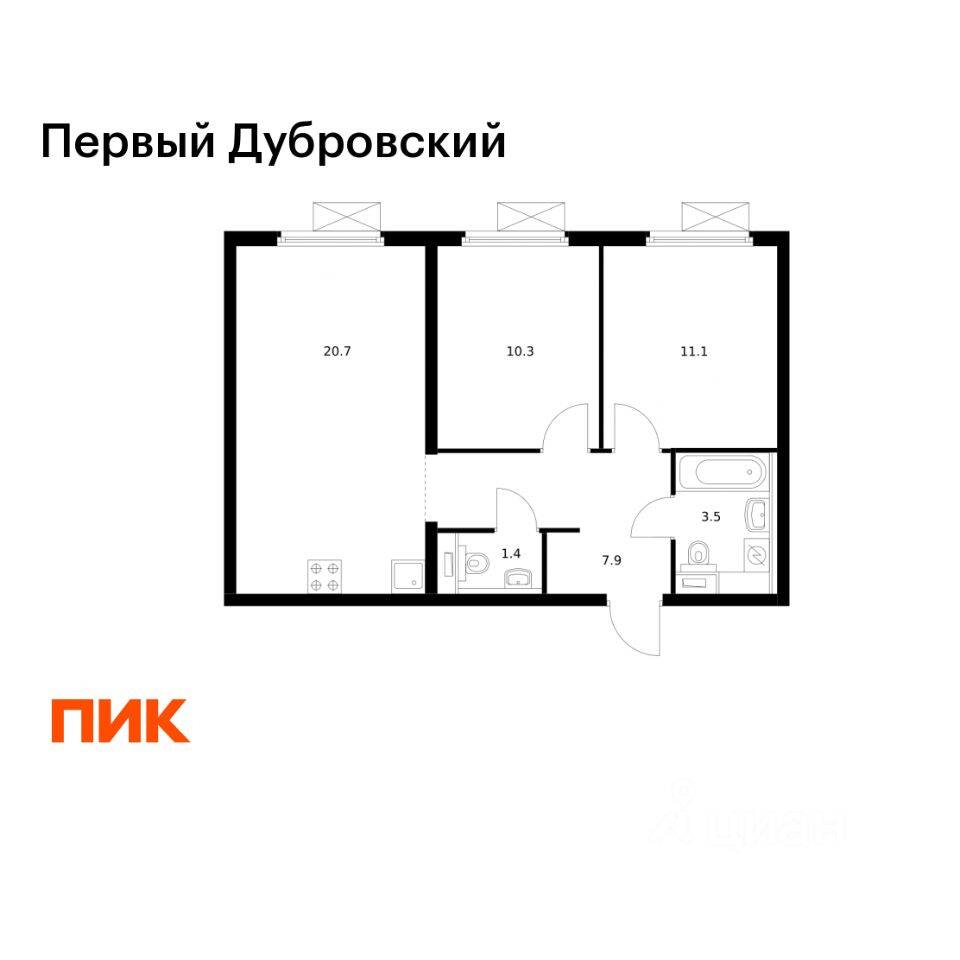 2-комн. квартира, 54,9 м², в ЖК Первый Дубровский
