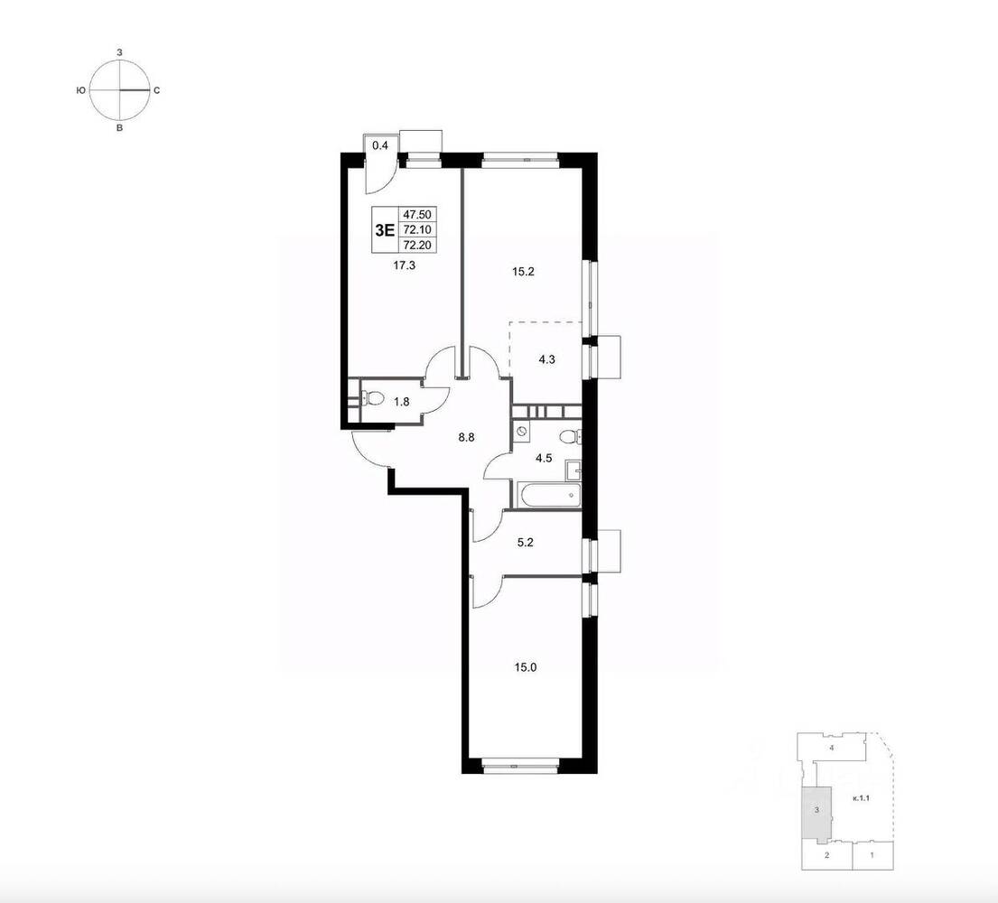 Планировка 3 комнатной квартиры, 72.2 м², в «Легенда Марусино»