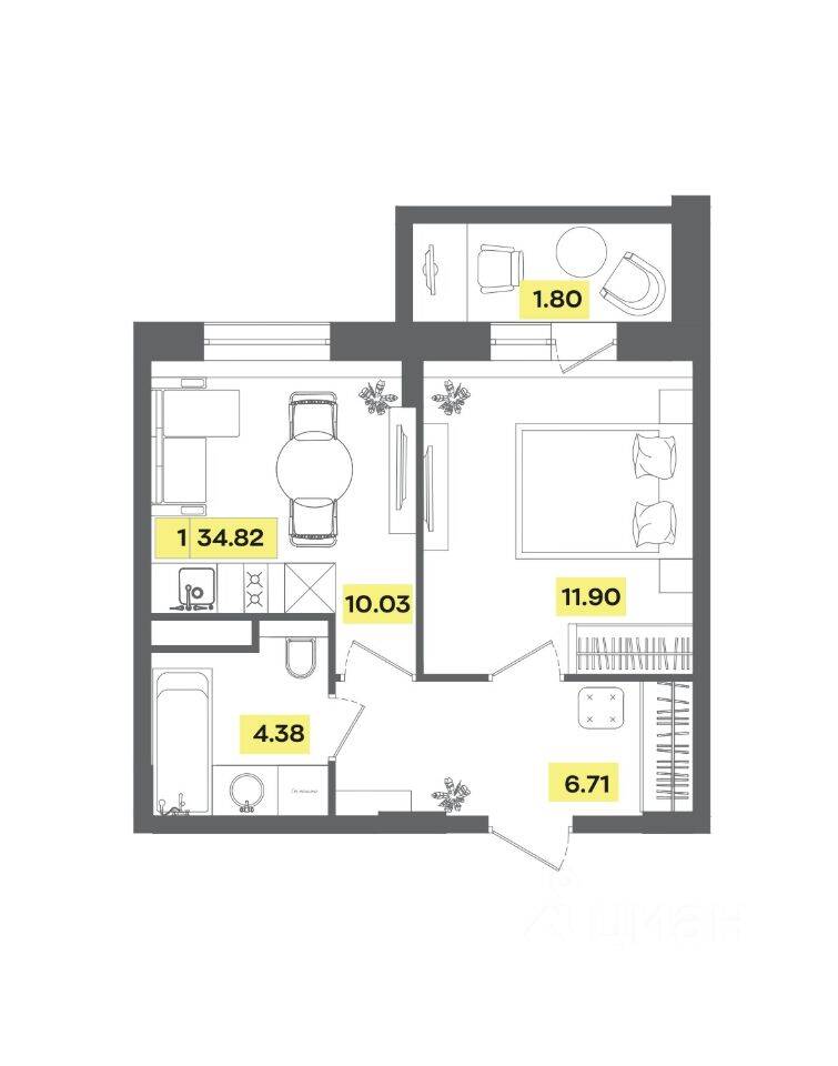 2-комн. квартира, 34,82 м², в ЖК Радость