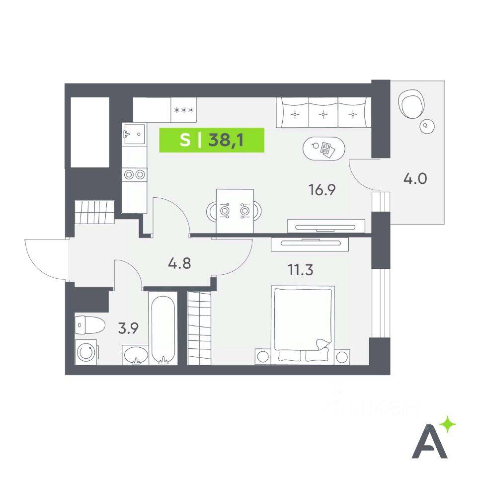 Планировка 2 комнатной квартиры, 38.1 м², в «Аквилон All in 3.0»