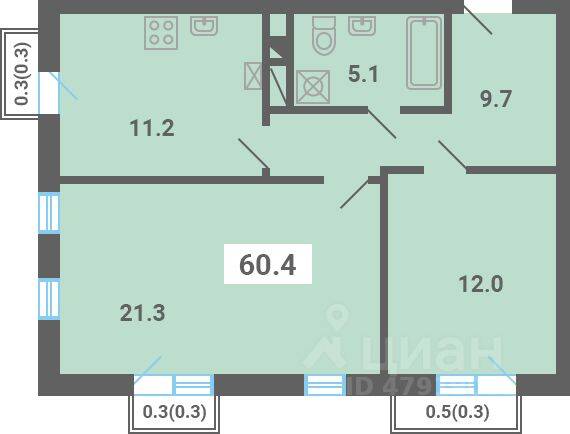 2-комн. квартира, 60,4 м², в Малоэтажный ЖК «Южная Долина»