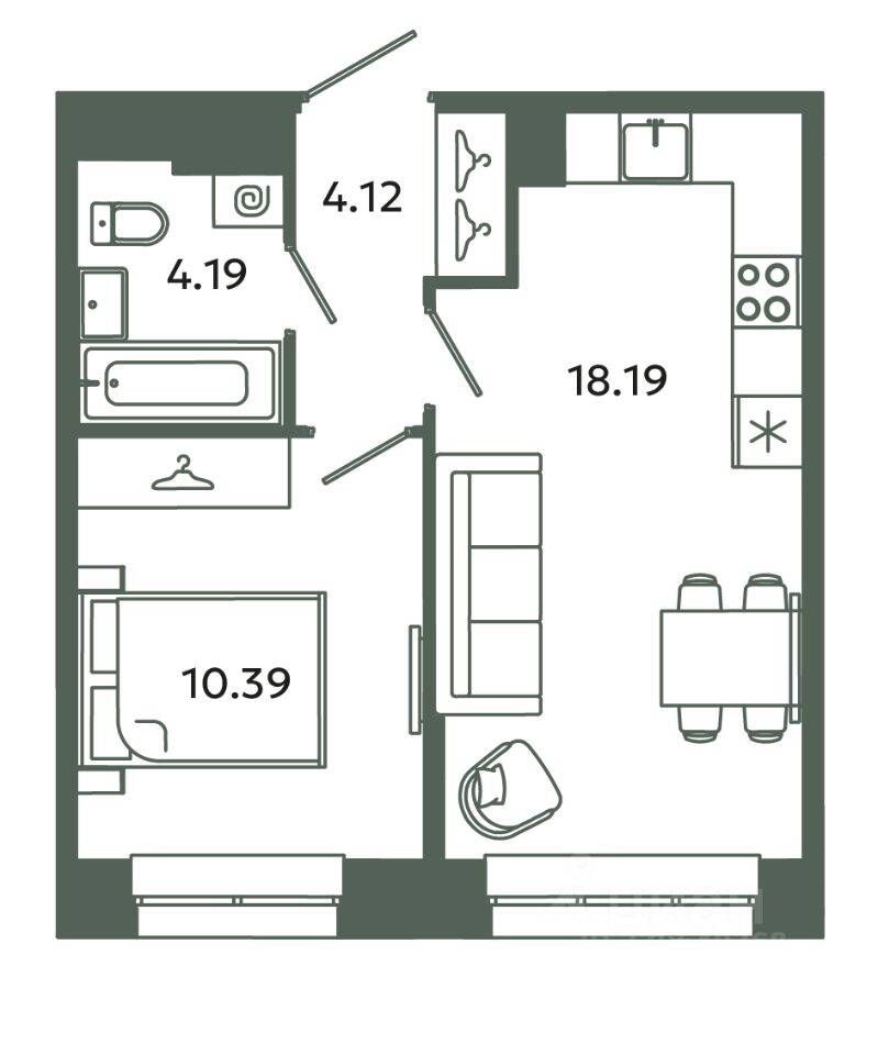 1-комн. квартира, 36,89 м², в ЖК Загляденье