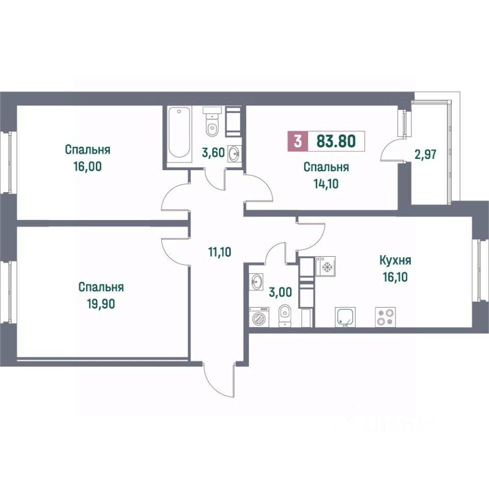 3-комн. квартира, 83,8 м², в ЖК «Фотограф»