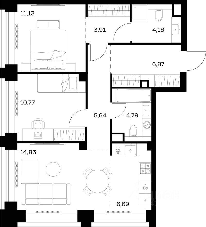2-комн. квартира, 68,81 м², в ЖК Nova