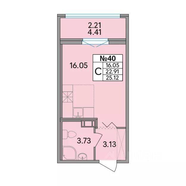 Планировка 1 комнатной квартиры, 25.12 м², в «Рождественский квартал»
