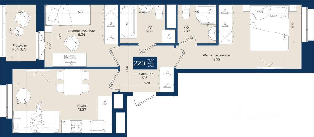 2-комн. квартира, 49,35 м², в ЖК «Новатория»