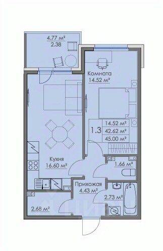 1-комн. квартира, 45 м², в ЖК «Малая Финляндия»