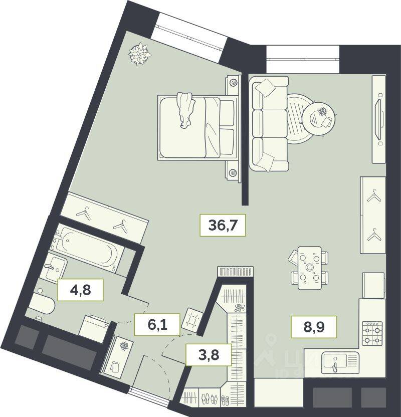 1-комн. квартира, 60,3 м², в ЖК «Лайм»