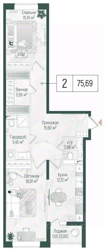 2-комн. квартира, 77,19 м², в ЖК Riga Hills