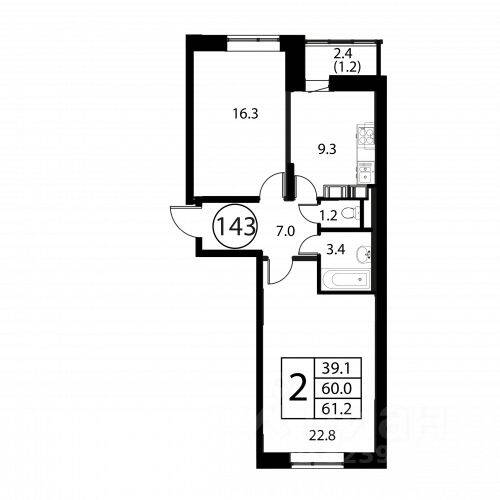 2-комн. квартира, 61,2 м², в ЖК Космос