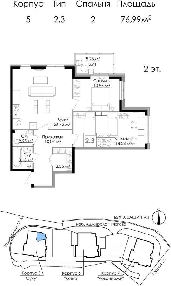 2-комн. квартира, 76,6 м², в ЖК «Малая Финляндия»